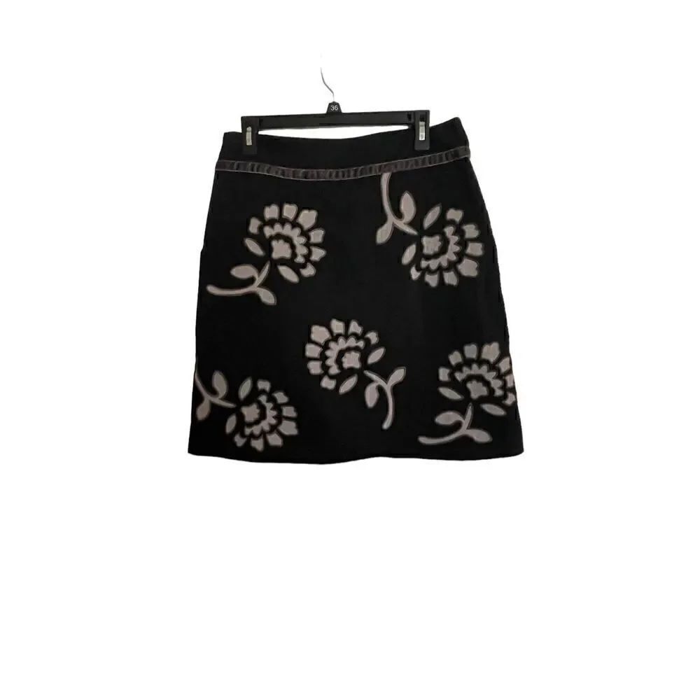 Boden Embroidered Floral Print Skirt Black /Brown Size 12R